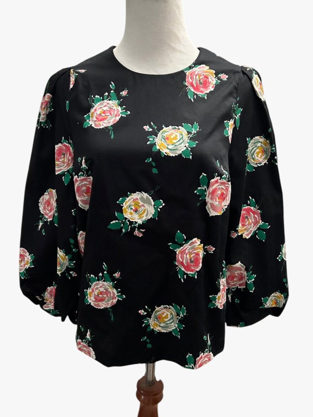 Boden Blouse Women's 6 Black Round Neck Long Balloon Sleeve Floral Cotton Top